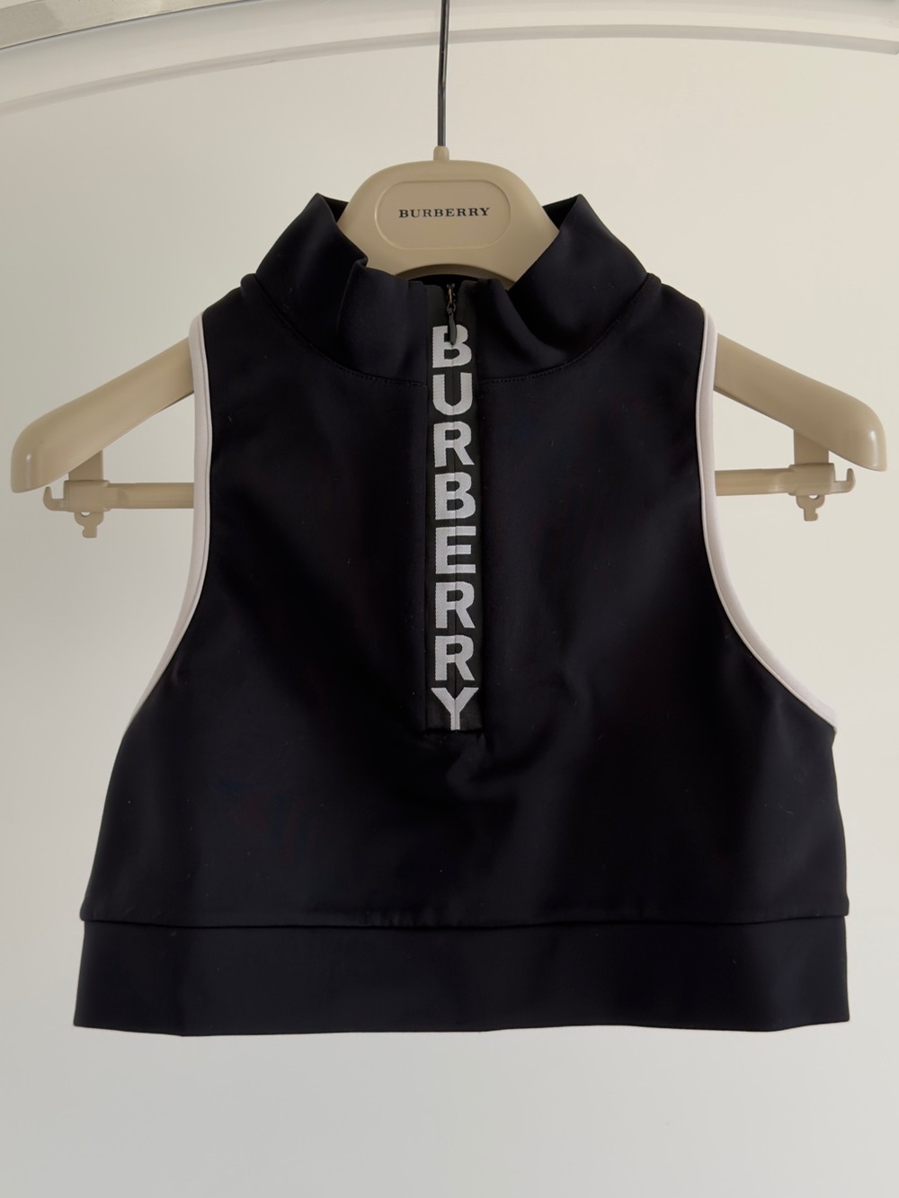 Authentic Burberry Black Sleeveless Logo Crop Top with White Trim